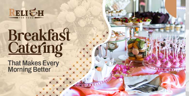 Breakfast catering table with decorative serving trays