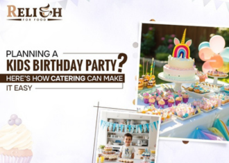 Kids birthday party catering setup with colorful cake, snacks, and decorations